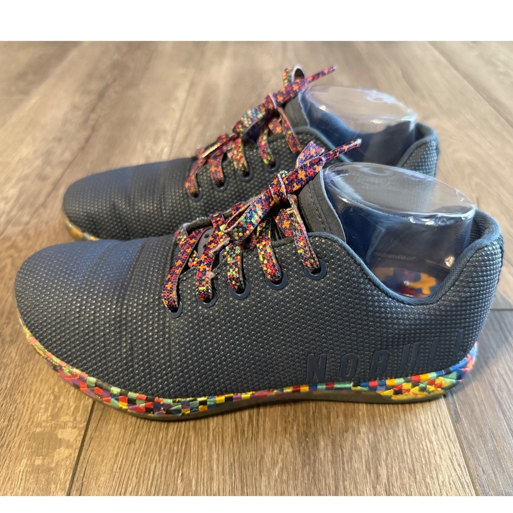 NOBULL Women 8 Blue Pixel Trainer SuperFabric CrossFit Gym Shoes Rainbow Laces